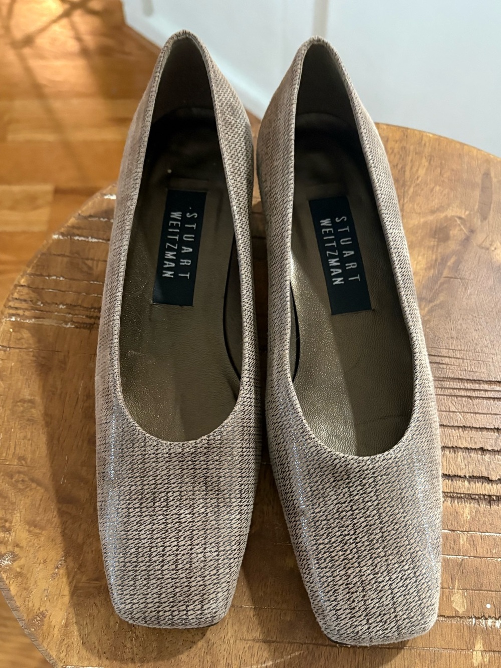 Stuart Weitzman Taupe Textured Square-Toe Flats